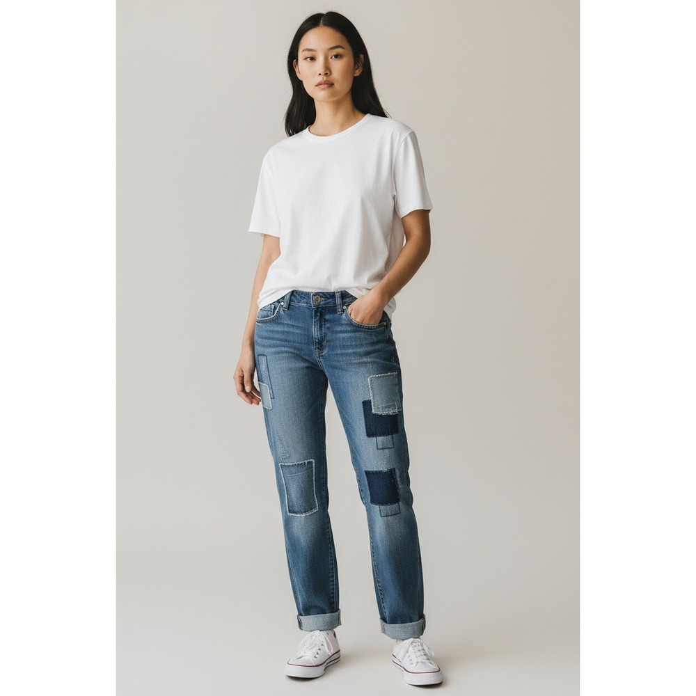 INC International Concepts Patchwork Boyfriend Jeans Blue Medium Wash Size 6